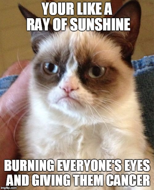 Grumpy Cat Meme | YOUR LIKE A RAY OF SUNSHINE; BURNING EVERYONE'S EYES AND GIVING THEM CANCER | image tagged in memes,grumpy cat | made w/ Imgflip meme maker