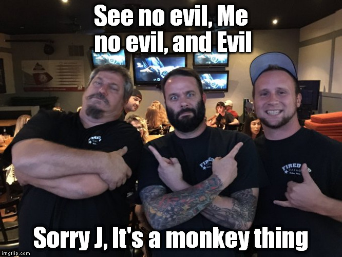 Misfit Monkeys no more? | See no evil, Me no evil, and Evil; Sorry J, It's a monkey thing | image tagged in monkeys | made w/ Imgflip meme maker