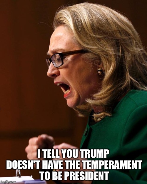Hillary benghazi hearing Libya war crimes do it again | I TELL YOU TRUMP DOESN'T HAVE THE TEMPERAMENT TO BE PRESIDENT | image tagged in hillary benghazi hearing libya war crimes do it again | made w/ Imgflip meme maker
