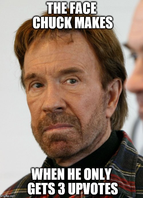 Chuck is not happy | THE FACE CHUCK MAKES; WHEN HE ONLY GETS 3 UPVOTES | image tagged in chuck norris mad face,memes | made w/ Imgflip meme maker
