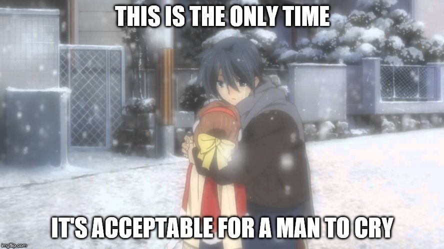 I haven't even finished clannad. but to say the least when it was spoiled the ending got me | THIS IS THE ONLY TIME; IT'S ACCEPTABLE FOR A MAN TO CRY | image tagged in the feels | made w/ Imgflip meme maker
