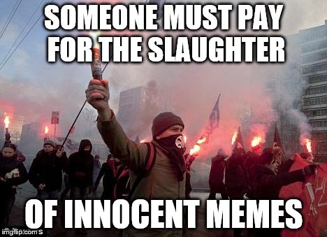 protest | SOMEONE MUST PAY FOR THE SLAUGHTER; OF INNOCENT MEMES | image tagged in protest | made w/ Imgflip meme maker