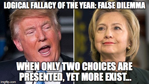 False Dilemma Election | LOGICAL FALLACY OF THE YEAR: FALSE DILEMMA; WHEN ONLY TWO CHOICES ARE PRESENTED, YET MORE EXIST... | image tagged in hillary,trump,election,president 2016 | made w/ Imgflip meme maker