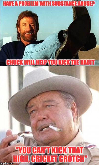 Kick The Habit | HAVE A PROBLEM WITH SUBSTANCE ABUSE? CHUCK WILL HELP YOU KICK THE HABIT; "YOU CAN'T KICK THAT HIGH, CRICKET CROTCH" | image tagged in chuck norris,buford t justice,funny meme | made w/ Imgflip meme maker