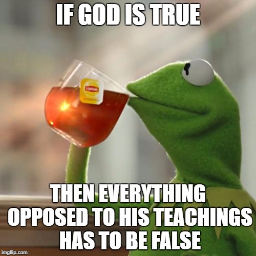 But That's None Of My Business Meme | IF GOD IS TRUE THEN EVERYTHING OPPOSED TO HIS TEACHINGS HAS TO BE FALSE | image tagged in memes,but thats none of my business,kermit the frog | made w/ Imgflip meme maker