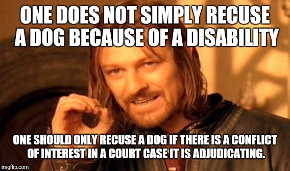 One Does Not Simply Meme | ONE DOES NOT SIMPLY RECUSE A DOG BECAUSE OF A DISABILITY ONE SHOULD ONLY RECUSE A DOG IF THERE IS A CONFLICT OF INTEREST IN A COURT CASE IT  | image tagged in memes,one does not simply | made w/ Imgflip meme maker