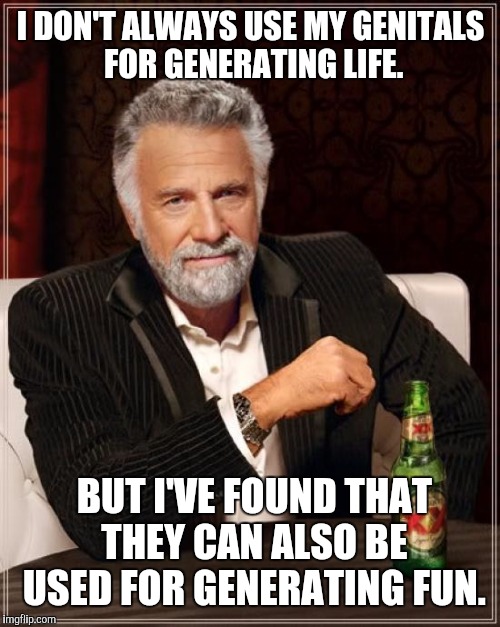 The Most Interesting Man In The World Meme | I DON'T ALWAYS USE MY GENITALS FOR GENERATING LIFE. BUT I'VE FOUND THAT THEY CAN ALSO BE USED FOR GENERATING FUN. | image tagged in memes,the most interesting man in the world | made w/ Imgflip meme maker