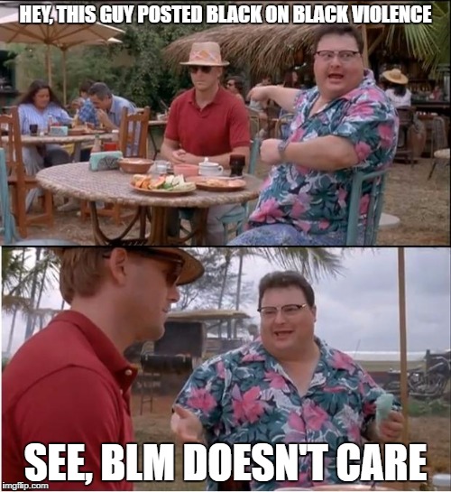 See Nobody Cares Meme | HEY, THIS GUY POSTED BLACK ON BLACK VIOLENCE; SEE, BLM DOESN'T CARE | image tagged in memes,see nobody cares | made w/ Imgflip meme maker