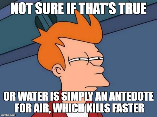 NOT SURE IF THAT'S TRUE OR WATER IS SIMPLY AN ANTEDOTE FOR AIR, WHICH KILLS FASTER | image tagged in memes,futurama fry | made w/ Imgflip meme maker