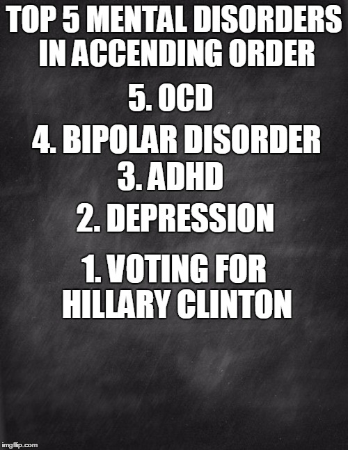 black blank | TOP 5 MENTAL DISORDERS IN ACCENDING ORDER; 5. OCD; 4. BIPOLAR DISORDER; 3. ADHD; 2. DEPRESSION; 1. VOTING FOR HILLARY CLINTON | image tagged in black blank | made w/ Imgflip meme maker