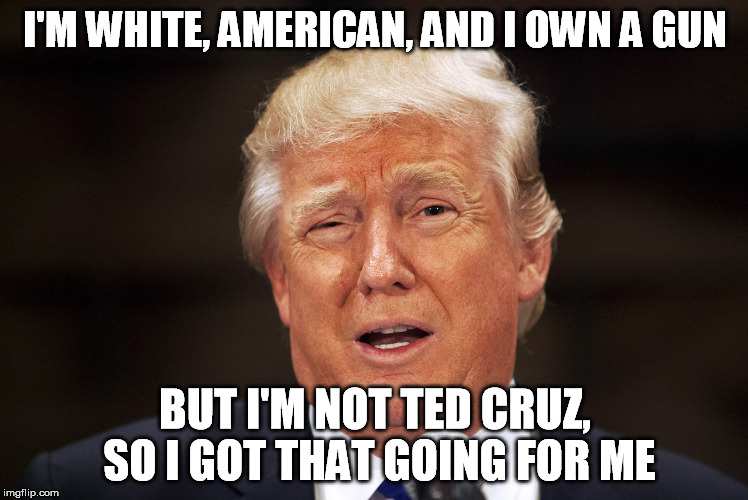 Going For Trump | I'M WHITE, AMERICAN, AND I OWN A GUN; BUT I'M NOT TED CRUZ, SO I GOT THAT GOING FOR ME | image tagged in going for trump | made w/ Imgflip meme maker