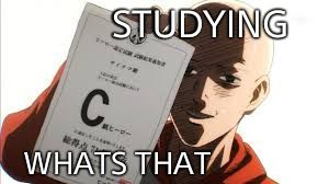 one punch man | STUDYING; WHATS THAT | image tagged in one punch man,memes | made w/ Imgflip meme maker