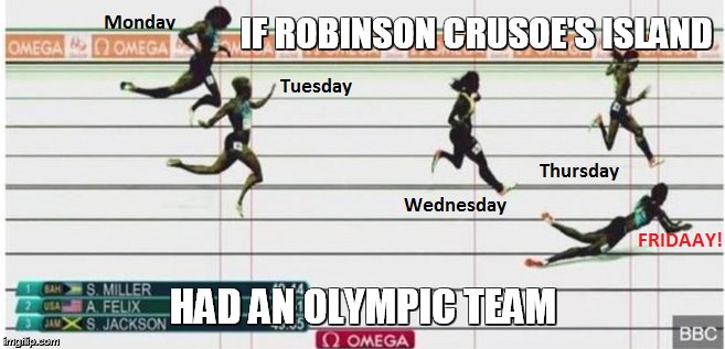 I found Gold! | IF ROBINSON CRUSOE'S ISLAND; HAD AN OLYMPIC TEAM | image tagged in olympics,tgif,motivational,run,cheat | made w/ Imgflip meme maker