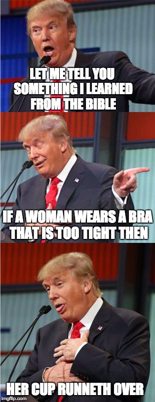 Trump explains biblical proportions...if you know what I mean ;) | LET ME TELL YOU SOMETHING I LEARNED FROM THE BIBLE; IF A WOMAN WEARS A BRA THAT IS TOO TIGHT THEN; HER CUP RUNNETH OVER | image tagged in bad pun trump,memes,bad pun,trump 2016,original,sexism | made w/ Imgflip meme maker