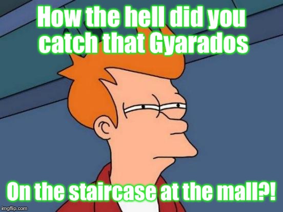 It Probably Just Squirmed Its Way Into There. | How the hell did you catch that Gyarados; On the staircase at the mall?! | image tagged in memes,futurama fry,pokemon go,mall,impossible | made w/ Imgflip meme maker