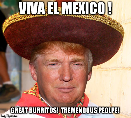 Trump loves Mexico it's people and burritos | VIVA EL MEXICO ! GREAT BURRITOS!  TREMENDOUS PEOLPE! | image tagged in trump,donald trump,mexico,burritos,idiot,memes | made w/ Imgflip meme maker
