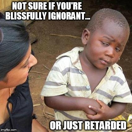 Third World Skeptical Kid Meme | NOT SURE IF YOU'RE BLISSFULLY IGNORANT... OR JUST RETARDED | image tagged in memes,third world skeptical kid | made w/ Imgflip meme maker