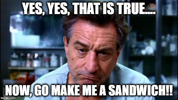 robert de niro | YES, YES, THAT IS TRUE.... NOW, GO MAKE ME A SANDWICH!! | image tagged in robert de niro | made w/ Imgflip meme maker