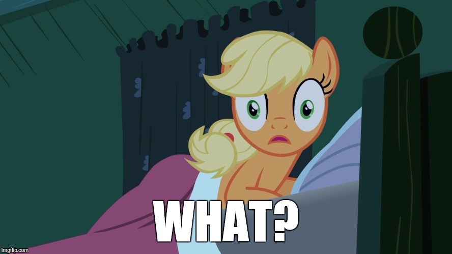 Applejack shocked in bed | WHAT? | image tagged in applejack shocked in bed | made w/ Imgflip meme maker