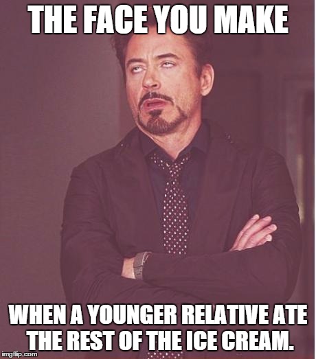 Face You Make Robert Downey Jr Meme | THE FACE YOU MAKE; WHEN A YOUNGER RELATIVE ATE THE REST OF THE ICE CREAM. | image tagged in memes,face you make robert downey jr | made w/ Imgflip meme maker
