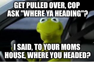 Kermit the frog | GET PULLED OVER, COP ASK "WHERE YA HEADING"? I SAID, TO YOUR MOMS HOUSE, WHERE YOU HEADED? | image tagged in kermit the frog | made w/ Imgflip meme maker