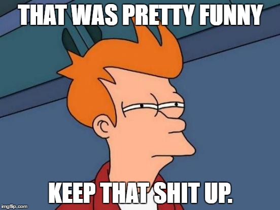 Futurama Fry | THAT WAS PRETTY FUNNY; KEEP THAT SHIT UP. | image tagged in memes,futurama fry | made w/ Imgflip meme maker