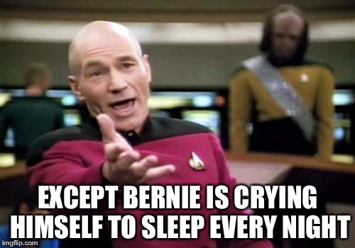 Picard Wtf Meme | EXCEPT BERNIE IS CRYING HIMSELF TO SLEEP EVERY NIGHT | image tagged in memes,picard wtf | made w/ Imgflip meme maker