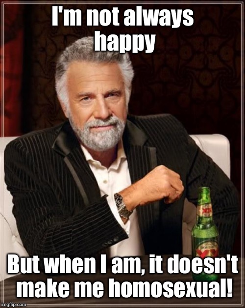 The Most Interesting Man In The World Meme | I'm not always happy But when I am, it doesn't make me homosexual! | image tagged in memes,the most interesting man in the world | made w/ Imgflip meme maker