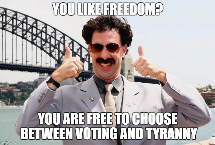 Borat Thumbs Up | YOU LIKE FREEDOM? YOU ARE FREE TO CHOOSE BETWEEN VOTING AND TYRANNY | image tagged in borat thumbs up | made w/ Imgflip meme maker