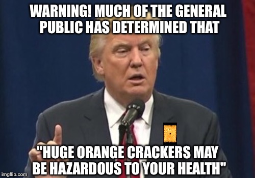 WARNING! MUCH OF THE GENERAL PUBLIC HAS DETERMINED THAT "HUGE ORANGE CRACKERS MAY BE HAZARDOUS TO YOUR HEALTH" | made w/ Imgflip meme maker