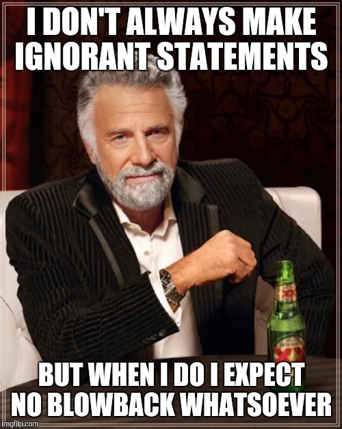 The Most Interesting Man In The World Meme | I DON'T ALWAYS MAKE IGNORANT STATEMENTS BUT WHEN I DO I EXPECT NO BLOWBACK WHATSOEVER | image tagged in memes,the most interesting man in the world | made w/ Imgflip meme maker