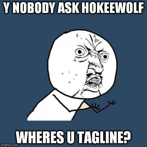 I just noticed. I have been here almost 2 years and have never put a tagline in. | Y NOBODY ASK HOKEEWOLF; WHERES U TAGLINE? | image tagged in memes,y u no | made w/ Imgflip meme maker