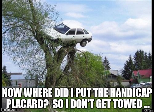 Secure Parking Meme | NOW WHERE DID I PUT THE HANDICAP PLACARD?  SO I DON'T GET TOWED ... | image tagged in memes,secure parking | made w/ Imgflip meme maker