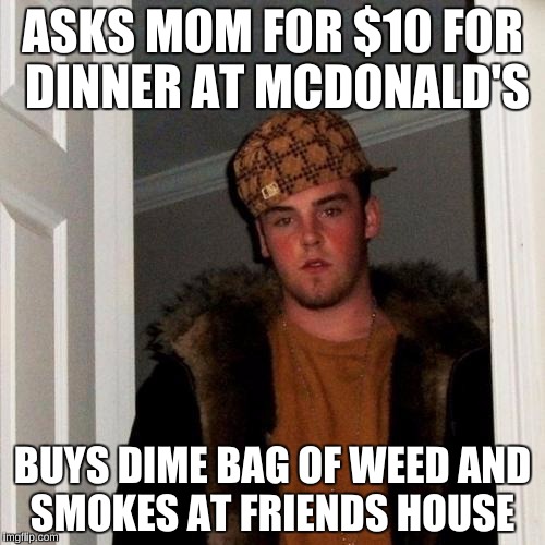 Scumbag Steve | ASKS MOM FOR $10 FOR DINNER AT MCDONALD'S; BUYS DIME BAG OF WEED AND SMOKES AT FRIENDS HOUSE | image tagged in memes,scumbag steve | made w/ Imgflip meme maker