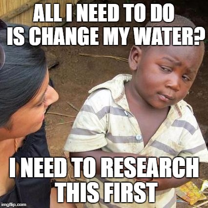 Third World Skeptical Kid | ALL I NEED TO DO IS CHANGE MY WATER? I NEED TO RESEARCH THIS FIRST | image tagged in memes,third world skeptical kid | made w/ Imgflip meme maker