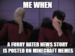 Picard riker faceplam | ME WHEN; A FURRY HATER NEWS STORY IS POSTED ON MINECRAFT MEMES | image tagged in picard riker faceplam | made w/ Imgflip meme maker