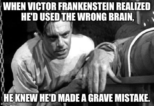 Writing About Writing | WHEN VICTOR FRANKENSTEIN REALIZED HE'D USED THE WRONG BRAIN, HE KNEW HE'D MADE A GRAVE MISTAKE. | image tagged in memes | made w/ Imgflip meme maker