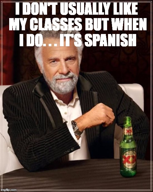 The Most Interesting Man In The World Meme |  I DON'T USUALLY LIKE MY CLASSES BUT WHEN I DO. . . IT'S SPANISH | image tagged in memes,the most interesting man in the world | made w/ Imgflip meme maker