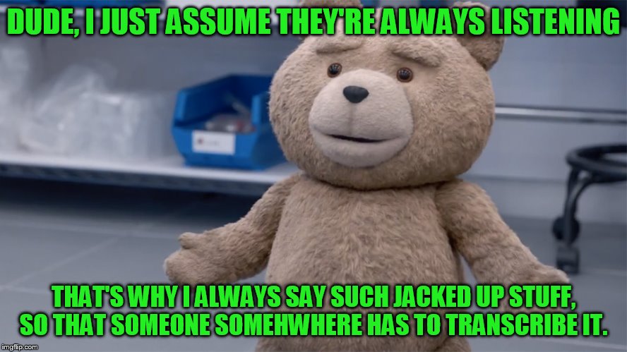 DUDE, I JUST ASSUME THEY'RE ALWAYS LISTENING THAT'S WHY I ALWAYS SAY SUCH JACKED UP STUFF, SO THAT SOMEONE SOMEHWHERE HAS TO TRANSCRIBE IT. | image tagged in ted question | made w/ Imgflip meme maker