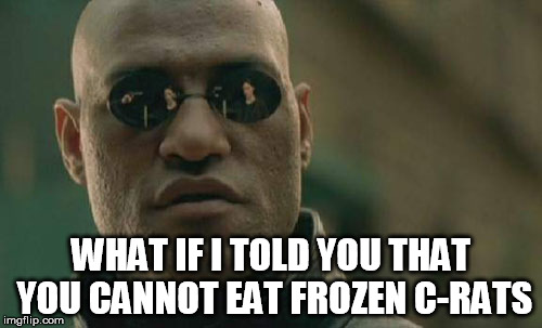 Matrix Morpheus Meme | WHAT IF I TOLD YOU THAT YOU CANNOT EAT FROZEN C-RATS | image tagged in memes,matrix morpheus | made w/ Imgflip meme maker