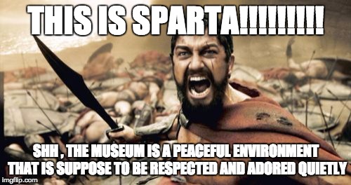 Sparta Leonidas Meme | THIS IS SPARTA!!!!!!!!! SHH , THE MUSEUM IS A PEACEFUL ENVIRONMENT THAT IS SUPPOSE TO BE RESPECTED AND ADORED QUIETLY | image tagged in memes,sparta leonidas | made w/ Imgflip meme maker