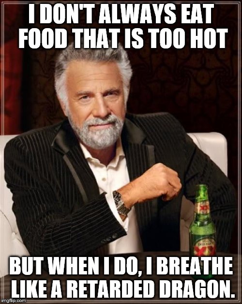 The Most Interesting Man In The World Meme | I DON'T ALWAYS EAT FOOD THAT IS TOO HOT; BUT WHEN I DO, I BREATHE LIKE A RETARDED DRAGON. | image tagged in memes,the most interesting man in the world | made w/ Imgflip meme maker