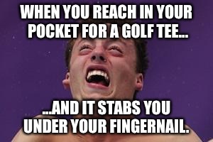 man in pain | WHEN YOU REACH IN YOUR POCKET FOR A GOLF TEE... ...AND IT STABS YOU UNDER YOUR FINGERNAIL. | image tagged in man in pain | made w/ Imgflip meme maker