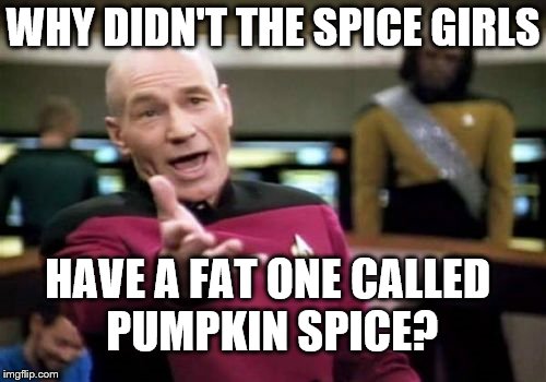 Picard Wtf | WHY DIDN'T THE SPICE GIRLS; HAVE A FAT ONE CALLED PUMPKIN SPICE? | image tagged in memes,picard wtf | made w/ Imgflip meme maker
