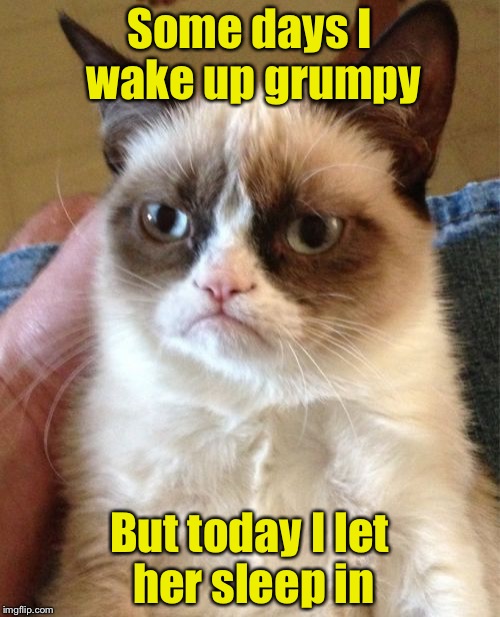 Grumpy Cat Meme | Some days I wake up grumpy; But today I let her sleep in | image tagged in memes,grumpy cat | made w/ Imgflip meme maker