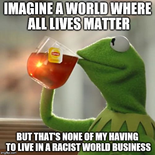 But Thats None Of My Business | IMAGINE A WORLD WHERE ALL LIVES MATTER; BUT THAT'S NONE OF MY HAVING TO LIVE IN A RACIST WORLD BUSINESS | image tagged in memes,but thats none of my business,kermit the frog,all lives matter,alllivesmatter,lives matter | made w/ Imgflip meme maker