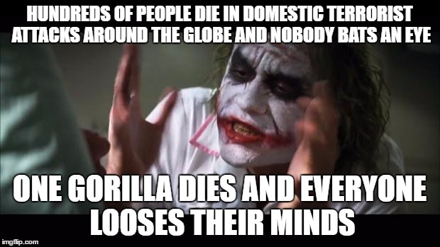 And everybody loses their minds | HUNDREDS OF PEOPLE DIE IN DOMESTIC TERRORIST ATTACKS AROUND THE GLOBE AND NOBODY BATS AN EYE; ONE GORILLA DIES AND EVERYONE LOOSES THEIR MINDS | image tagged in memes,and everybody loses their minds | made w/ Imgflip meme maker