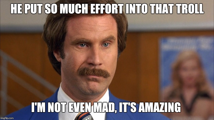 Not even mad | HE PUT SO MUCH EFFORT INTO THAT TROLL; I'M NOT EVEN MAD, IT'S AMAZING | image tagged in ron burgundy | made w/ Imgflip meme maker