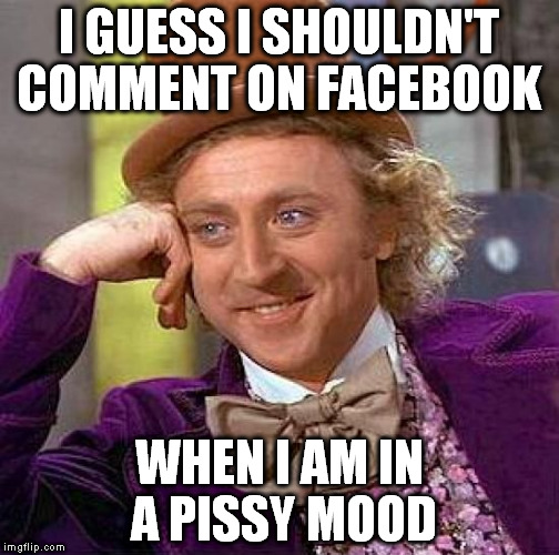 Creepy Condescending Wonka Meme | I GUESS I SHOULDN'T COMMENT ON FACEBOOK; WHEN I AM IN A PISSY MOOD | image tagged in memes,creepy condescending wonka | made w/ Imgflip meme maker