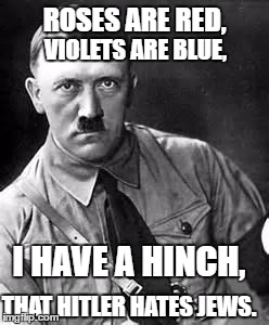 Adolf Hitler | ROSES ARE RED, VIOLETS ARE BLUE, I HAVE A HINCH, THAT HITLER HATES JEWS. | image tagged in adolf hitler | made w/ Imgflip meme maker